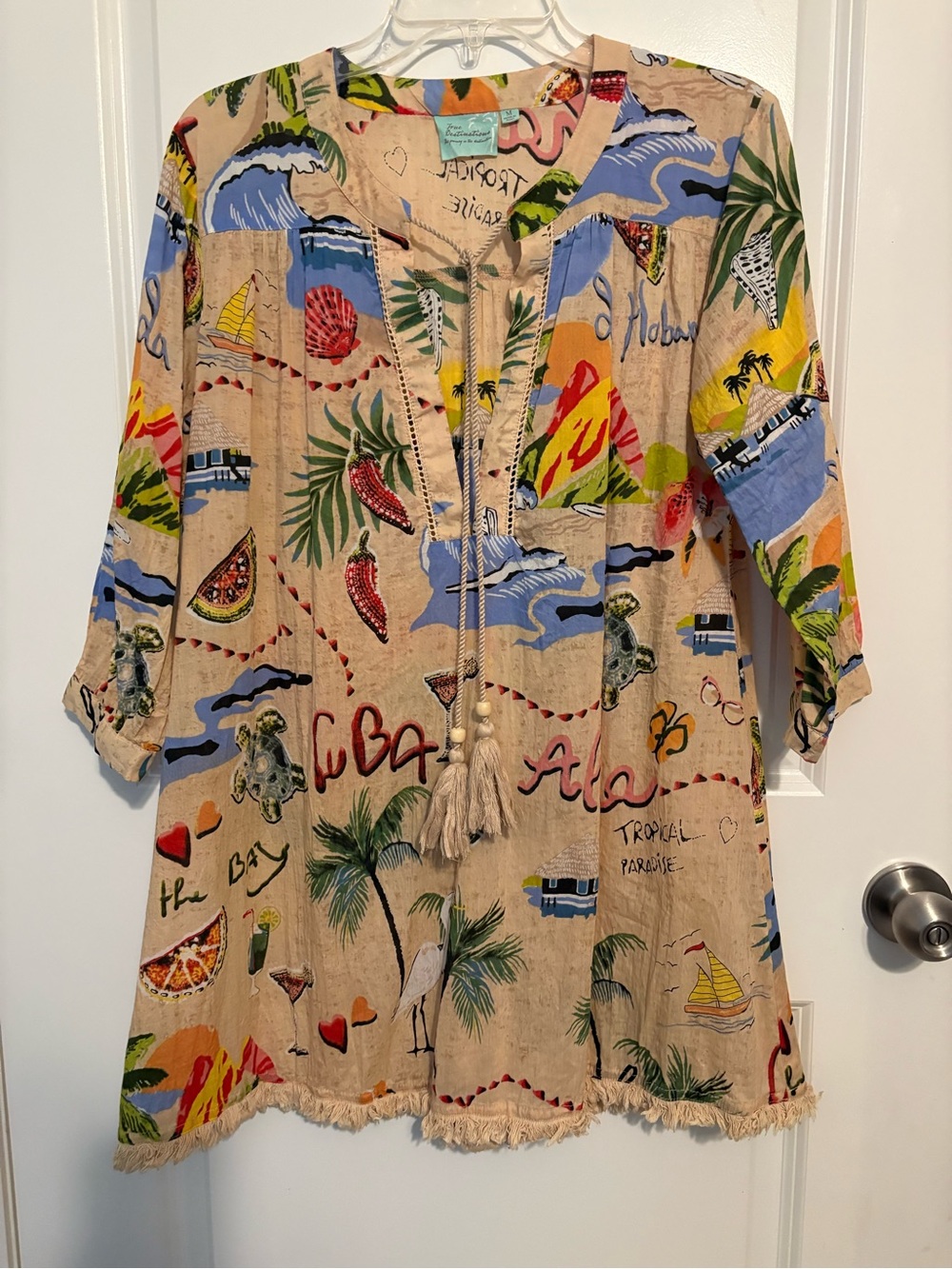 Tropical Print Tassel Tunic Dress - Beige Multi